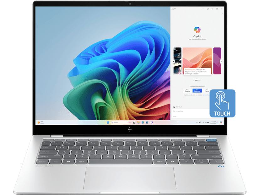HP OmniBook X Laptop 35.6 cm (14)Next Gen AI PC, Snapdragon® X (8 core) Plus processor (45 TOPS), touch display with Qualcomm® Adreno™ GPU, 16 GB DDR5 OB RAM, 512 GB SSD Hard Drive, Silver, 14-fe1011QU