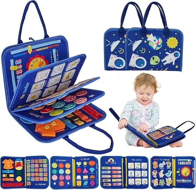 Qlect 12 in 1 Toddler Busy Binder & Busy Book for Toddlers 1-3 Years - Montessori Busy Board & Activity Book Kids 2-4 - Engaging Toys for 2-3 Years - Educational - ISI Approved, Made in India, Blue view 3