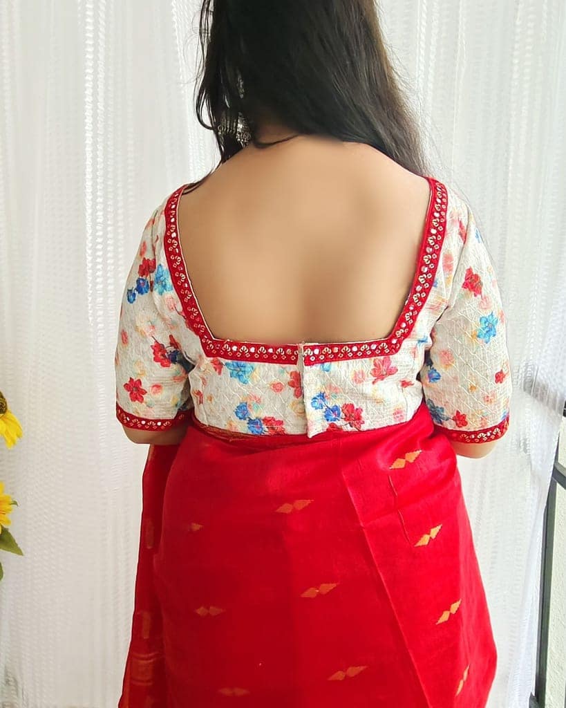 Crepe Silk Stitched Blouse White Color Floral Printed and Sequence Work with Lace-3908 view 4