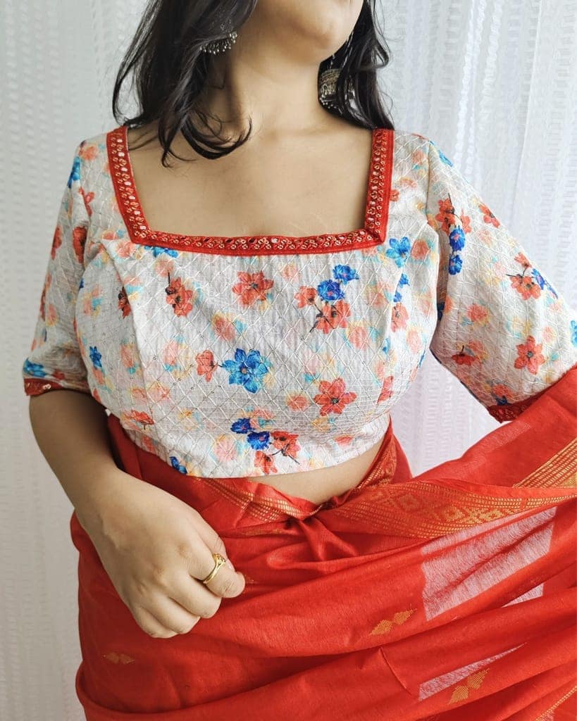 Crepe Silk Stitched Blouse White Color Floral Printed and Sequence Work with Lace-3908 view 5