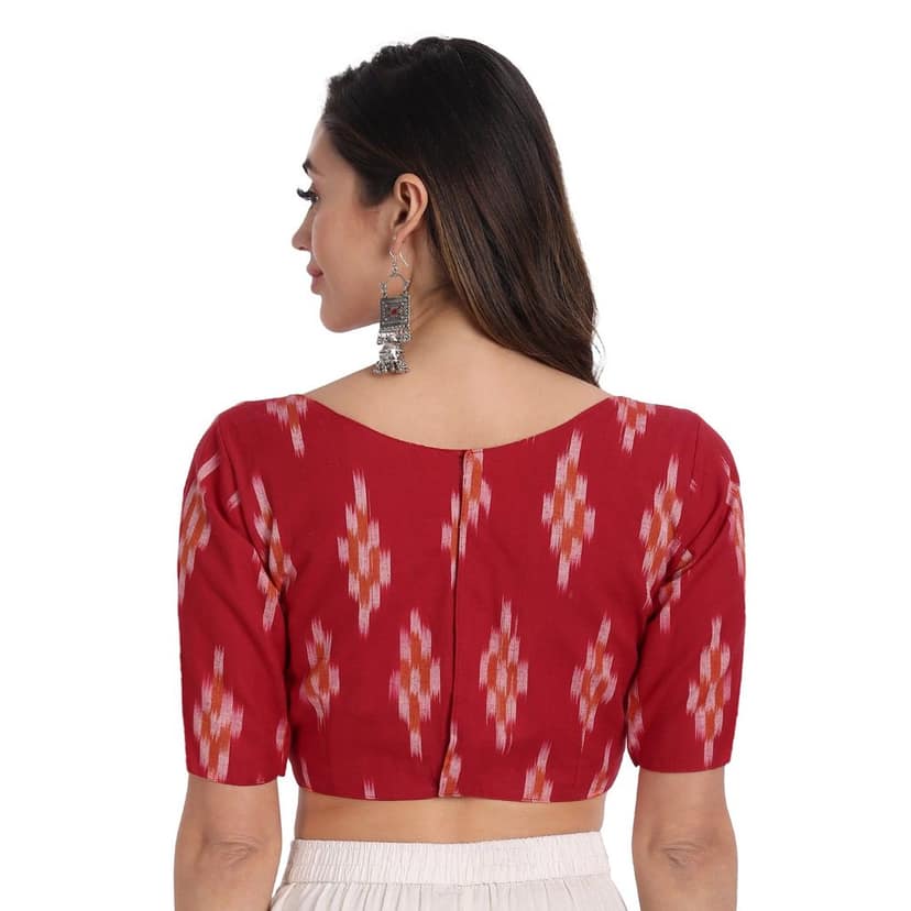 Ikkat Cotton Back Open Blouse ,Red view 2