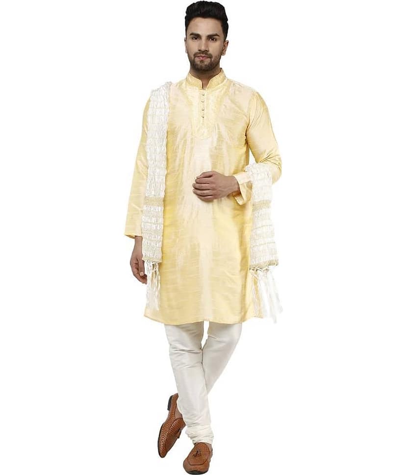 SKAVIJ Beige Silk Blend Kurta Pyjama Set