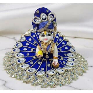 Handcrafted Blue Festive Dress with Turban for Laddu Gopal Ji, Pearl Embellishments