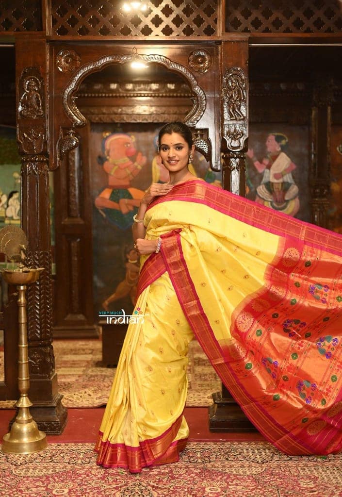ROYAL WEAVE! Authentic Pure Silk Handloom Mellow Yellow Maharani Paithani With Contrast Red Maharani Pallu