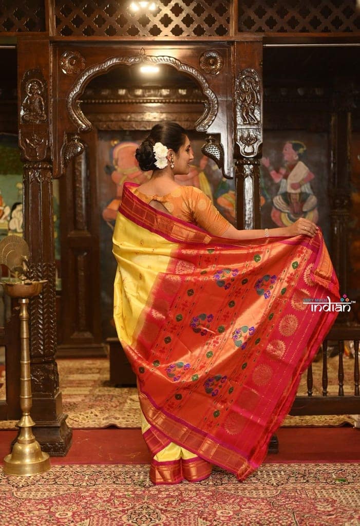 ROYAL WEAVE! Authentic Pure Silk Handloom Mellow Yellow Maharani Paithani With Contrast Red Maharani Pallu view 3