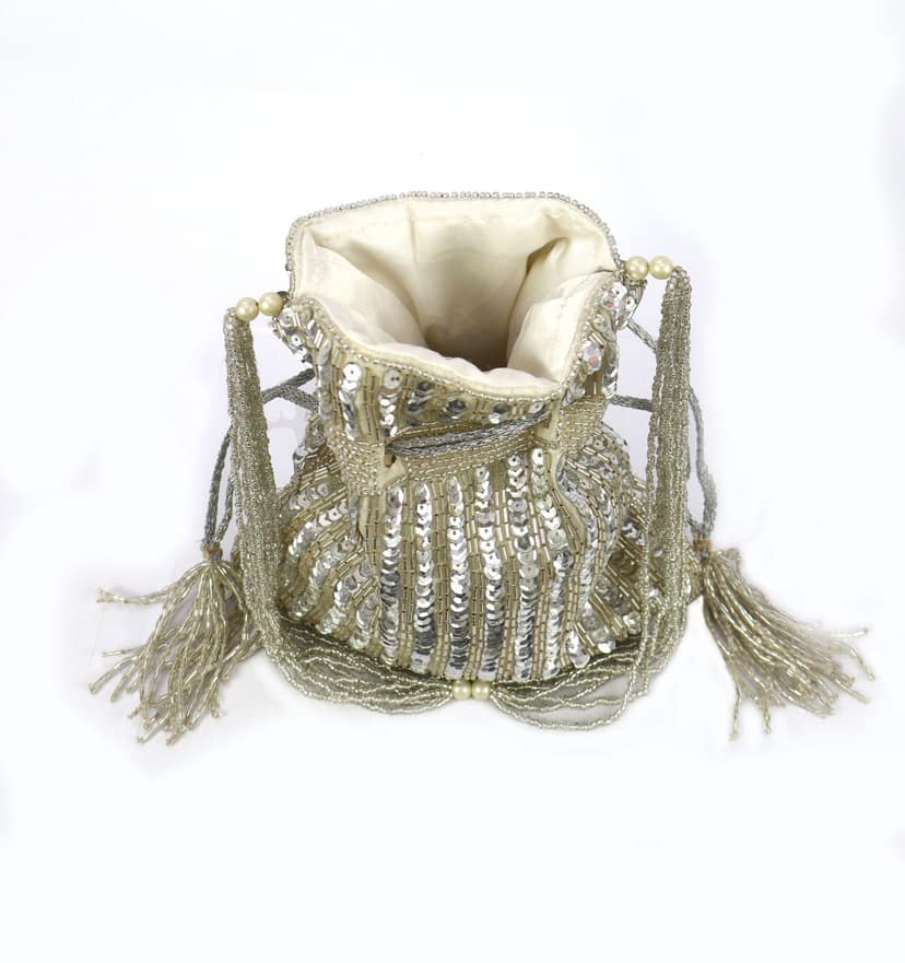 Unique Embellished Sequins Handwork Potli Bag for Girls and Womens - Cream Colour view 3