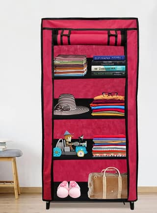 PHILOSHOP 4-Shelves Durable Metal Frame Modular Collapsible Wardrobe with 10-Inch Gapping in each Shelf & 100 GSM Fabric in Pink