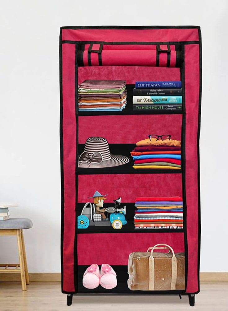 PHILOSHOP 4-Shelves Durable Metal Frame Modular Collapsible Wardrobe with 10-Inch Gapping in each Shelf & 100 GSM Fabric in Pink