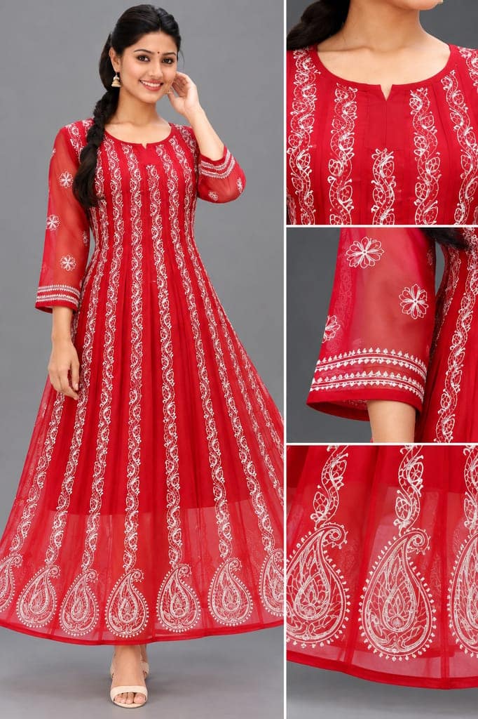 Mrs Right Women’s Lucknowi Chikankari Anarkali Kurta in Soft Georgette | Handcrafted Floral Embroidery | 3/4 Sleeves | 45 Inch Length | 74 Inch Flare | Festive Ethnic Wear view 2