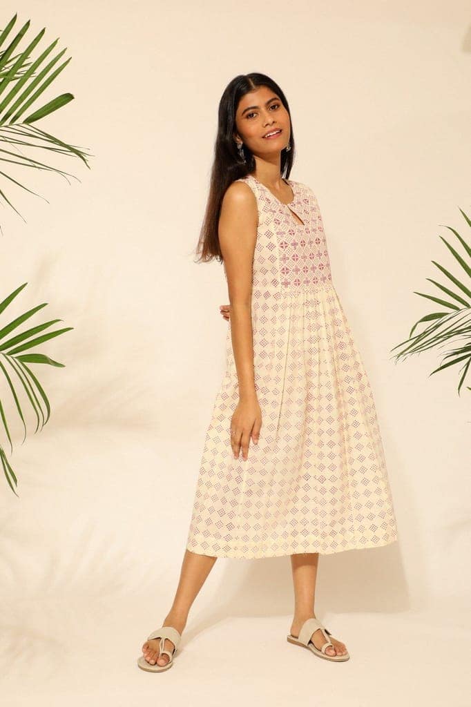 Tiera White And Pink Blockprinted Sleeveless Dress view 6