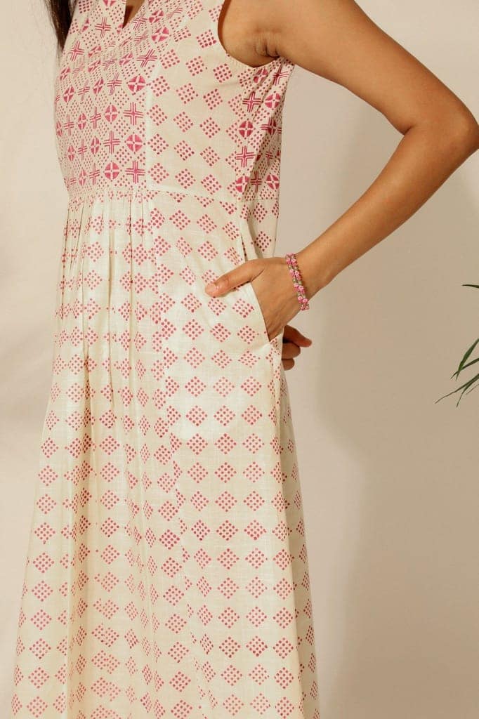 Tiera White And Pink Blockprinted Sleeveless Dress view 9