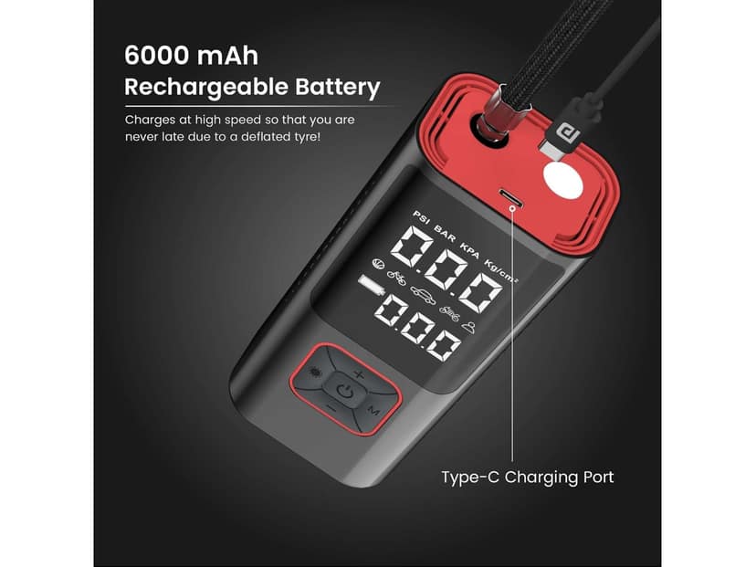 Portronics Vayu 2.0 Rechargeable Tyre Inflator with 150 PSI Pressure, 6000 mAh Battery, Preset Modes, Digital Display, Flashlight Torch, Air Pump Compressor for Car, Bike, Cycle view 3