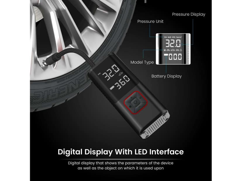 Portronics Vayu 2.0 Rechargeable Tyre Inflator with 150 PSI Pressure, 6000 mAh Battery, Preset Modes, Digital Display, Flashlight Torch, Air Pump Compressor for Car, Bike, Cycle view 4