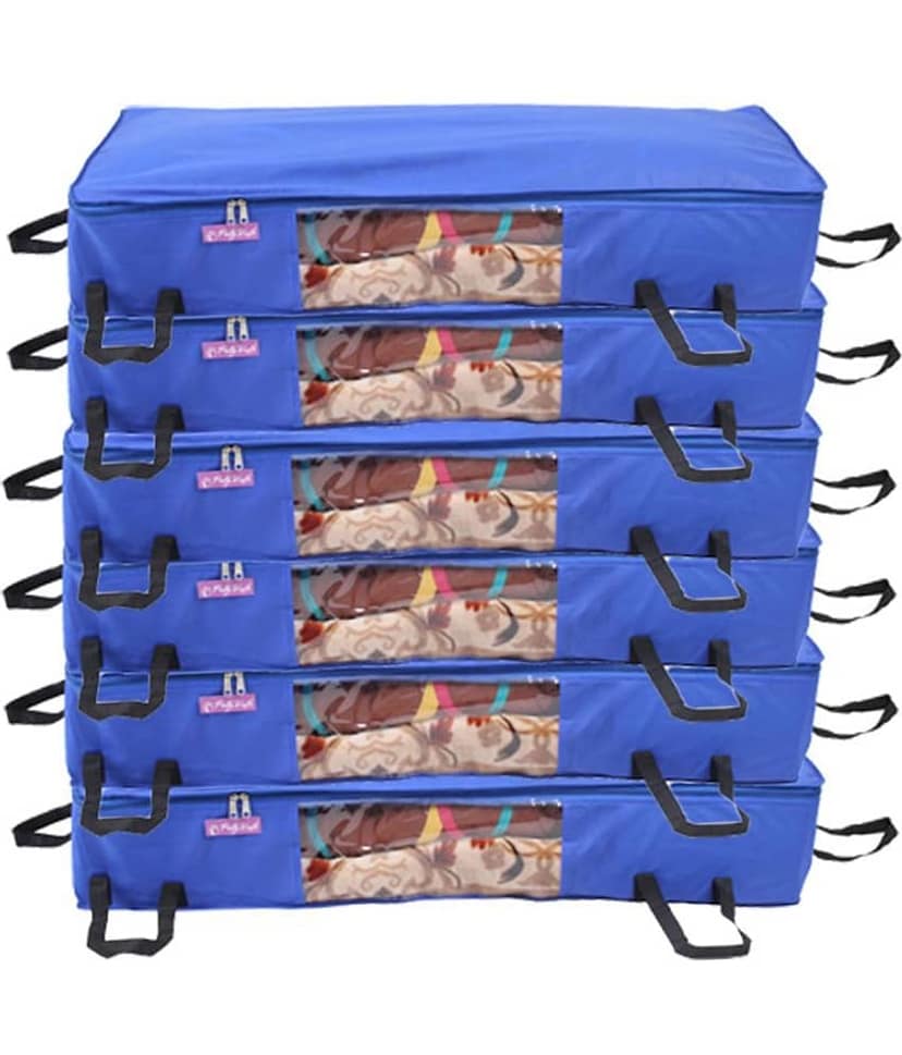 Prettykrafts Long Underbed Storage Bag, Storage Organizer, Blanket Cover with Side Handles (Set of 6 pcs)