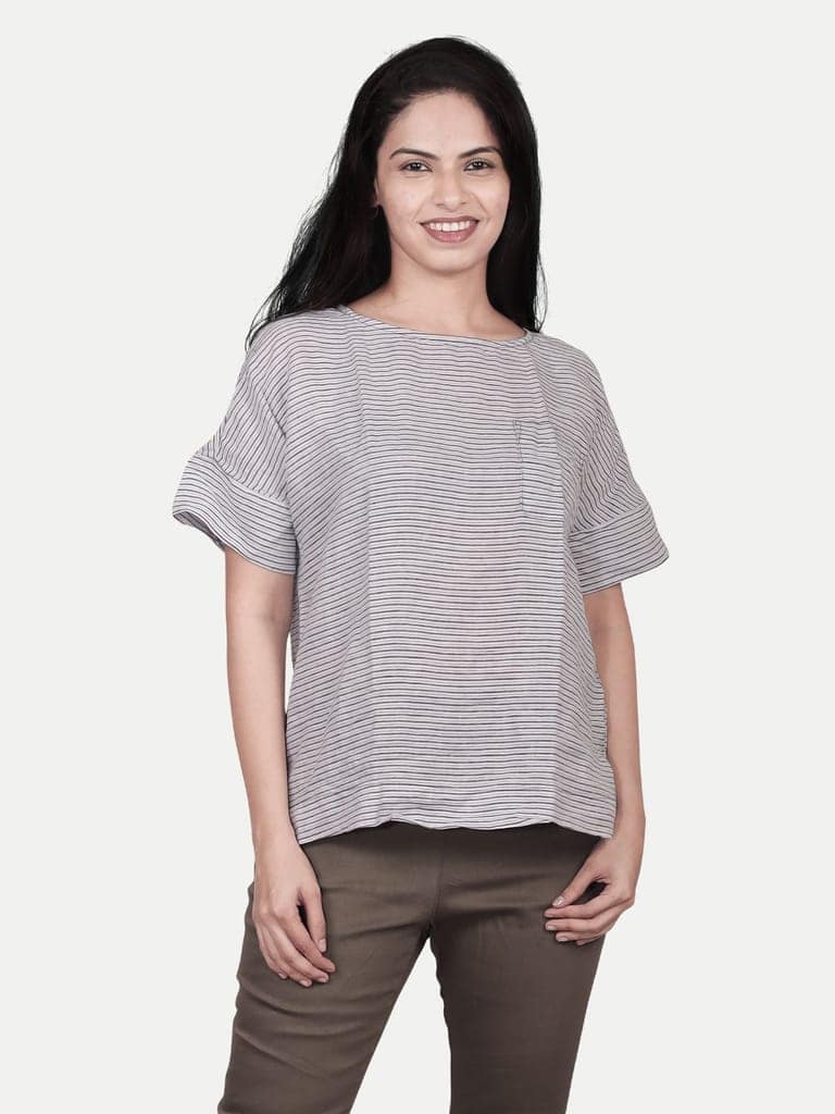 Womens casual Linen Brown Striped Top view 2