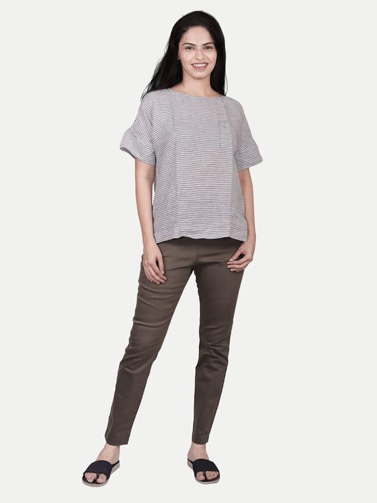 Womens casual Linen Brown Striped Top view 3