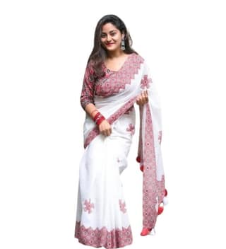 Women's Linen Floral Printed Saree With Unstitched Blouse - 5.5 Mtr (White-Red)