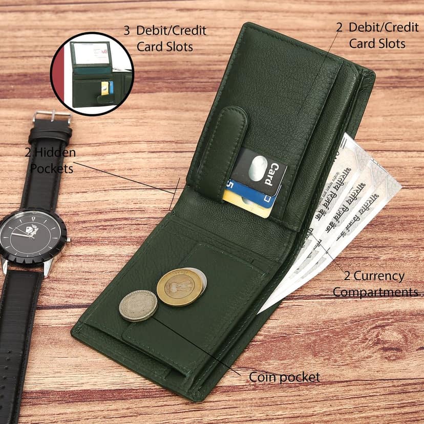Vital King Men Travel Green Genuine Leather RFID Wallet (11 Card Slots) view 6