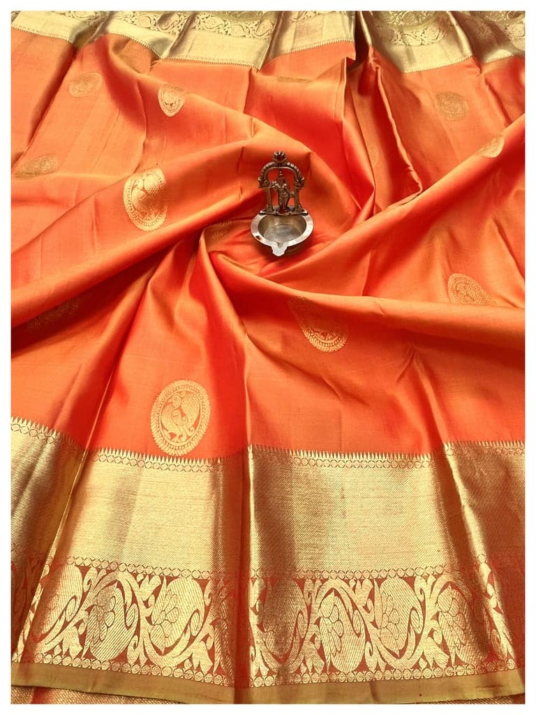 Orange with Olive Green Color Pure Kanjivaram Silk Saree view 2