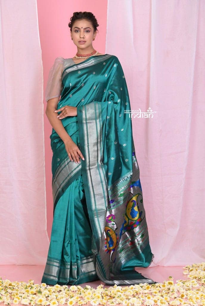 Pehal~EXCLUSIVE! Traditional Peacock Green Pure Silk Paithani with Unique Designer Pallu