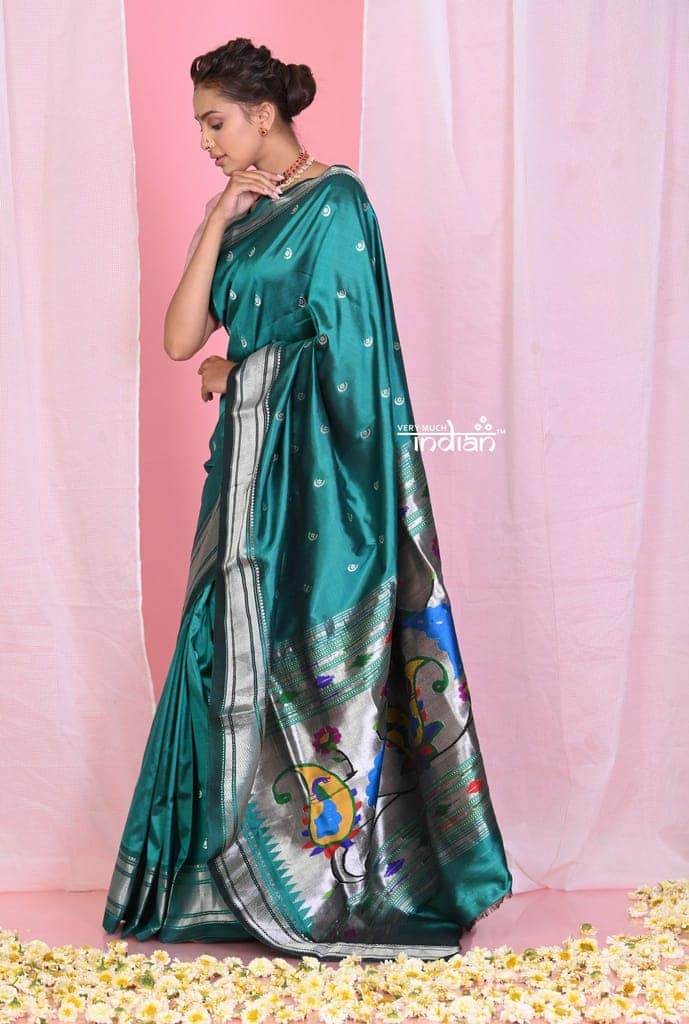 Pehal~EXCLUSIVE! Traditional Peacock Green Pure Silk Paithani with Unique Designer Pallu view 2