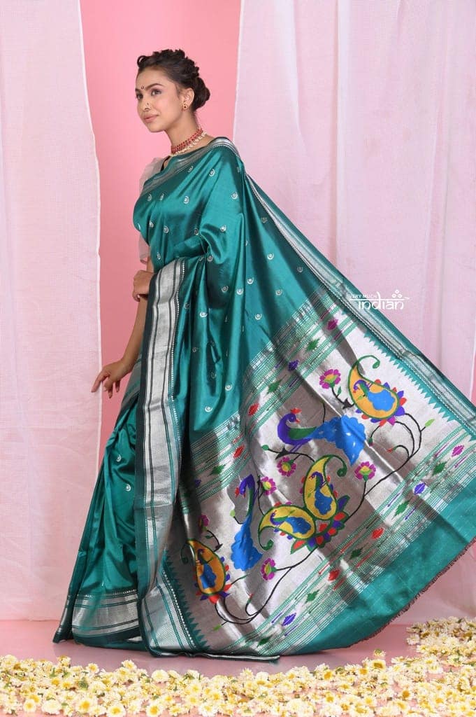 Pehal~EXCLUSIVE! Traditional Peacock Green Pure Silk Paithani with Unique Designer Pallu view 3