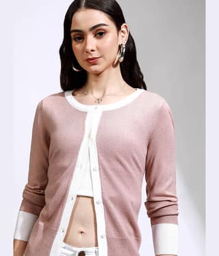 Tokyo Talkies Women Acrylic Round Neck Cardigan ( Pink )