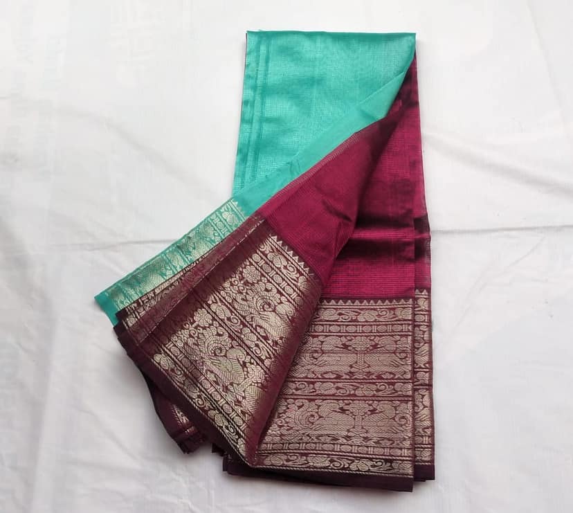 Green and Maroon Kanjivaram Silk Saree With Blouse Piece view 3