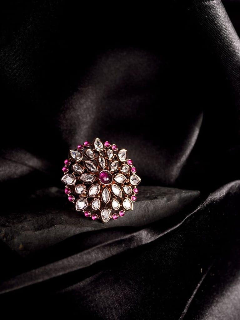 Rose Gold Plated Pink Ruby AD Studded Floral Adjustable Cocktail Finger Rings view 2
