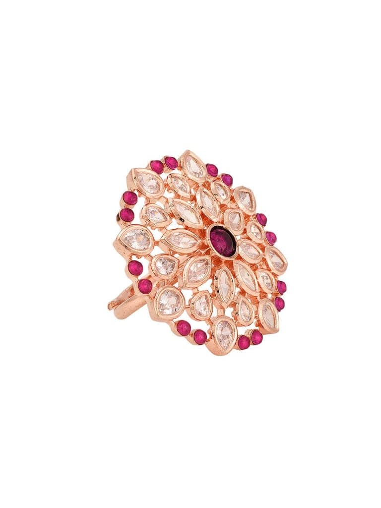 Rose Gold Plated Pink Ruby AD Studded Floral Adjustable Cocktail Finger Rings view 4