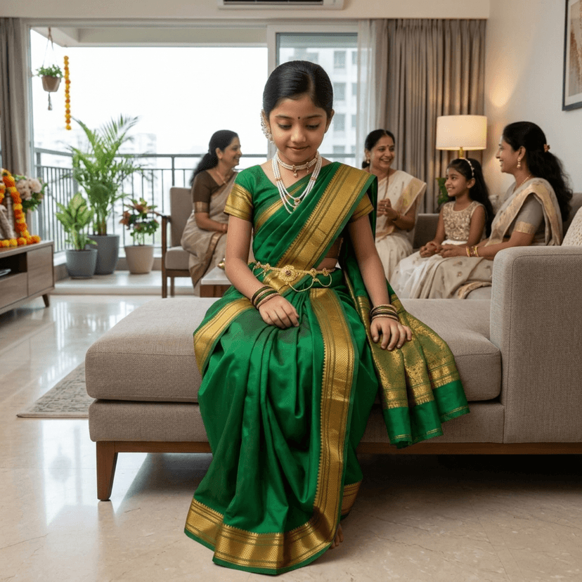 Mom and Me Peshwai Nauwari Saree for Kids (1–10 Years) Ready to Wear Maharashtrian Traditional Dress | Belgaon Silk with Cotton Lining | Stitched Blouse Included (Green, 15-16 Years) view 3