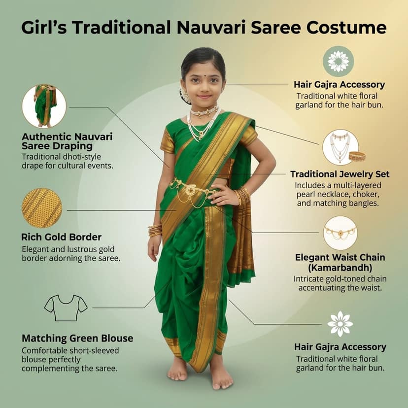 Mom and Me Peshwai Nauwari Saree for Kids (1–10 Years) Ready to Wear Maharashtrian Traditional Dress | Belgaon Silk with Cotton Lining | Stitched Blouse Included (Green, 15-16 Years) view 4