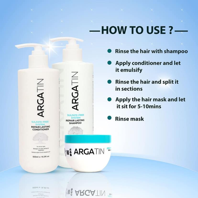 Argatin Repair Lasting Shampoo and Conditioner Hair Mask for Dry Damaged Color Treated Hair (Shampoo 500ml +Conditioner 500ml+ Hair Mask 250ml) view 5