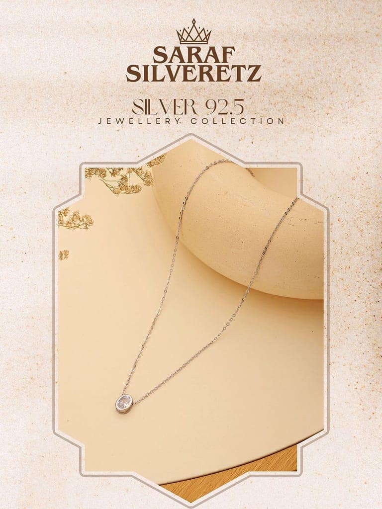 925 Sterlling Silver CZ Studded Oval AD Solitaire Pendant Necklace & Chain view 3