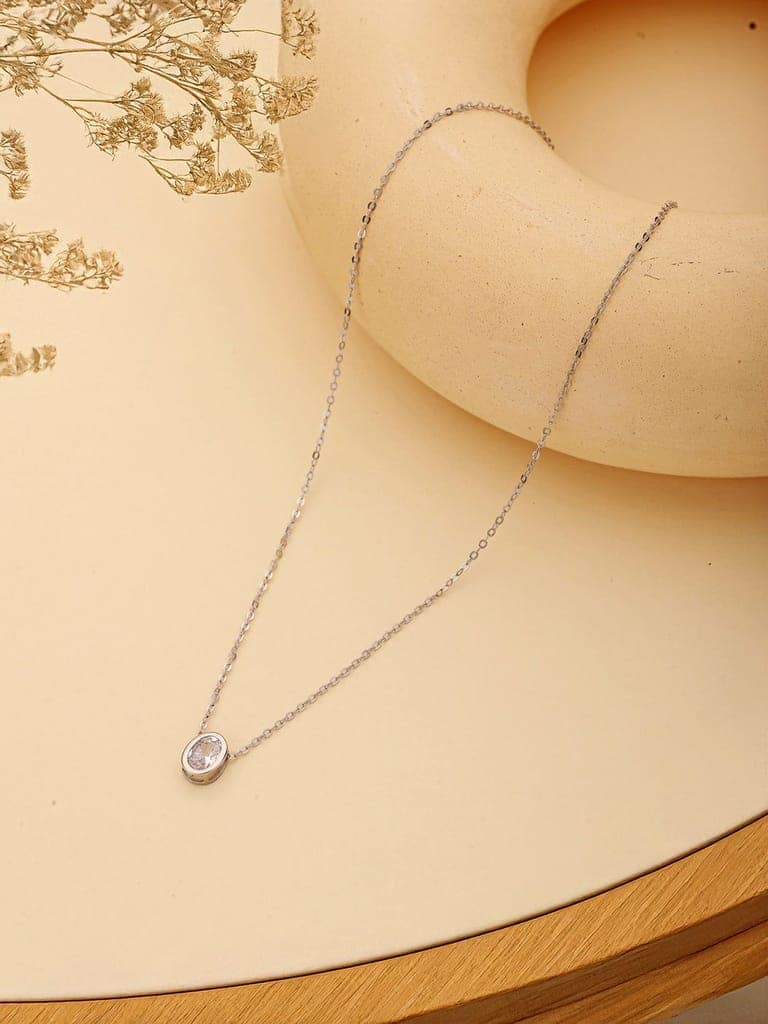 925 Sterlling Silver CZ Studded Oval AD Solitaire Pendant Necklace & Chain view 4