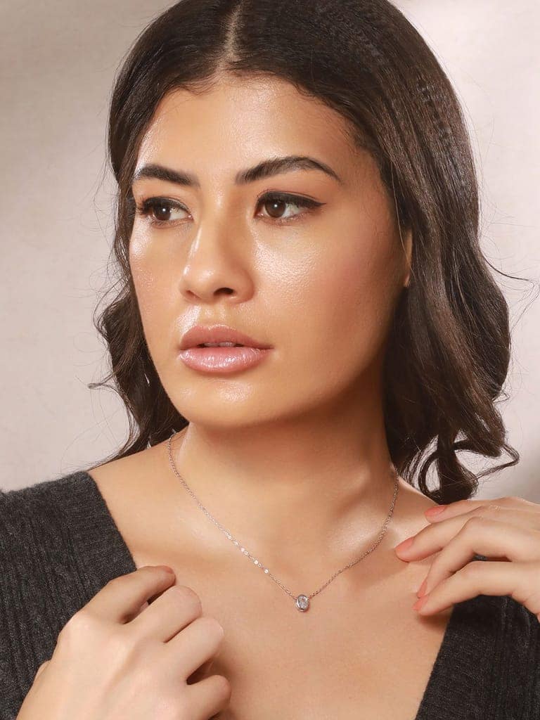 925 Sterlling Silver CZ Studded Oval AD Solitaire Pendant Necklace & Chain view 7
