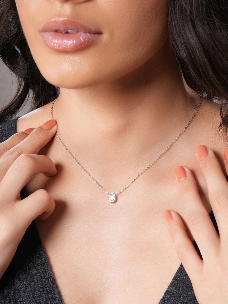 925 Sterlling Silver CZ Studded Oval AD Solitaire Pendant Necklace & Chain view 8