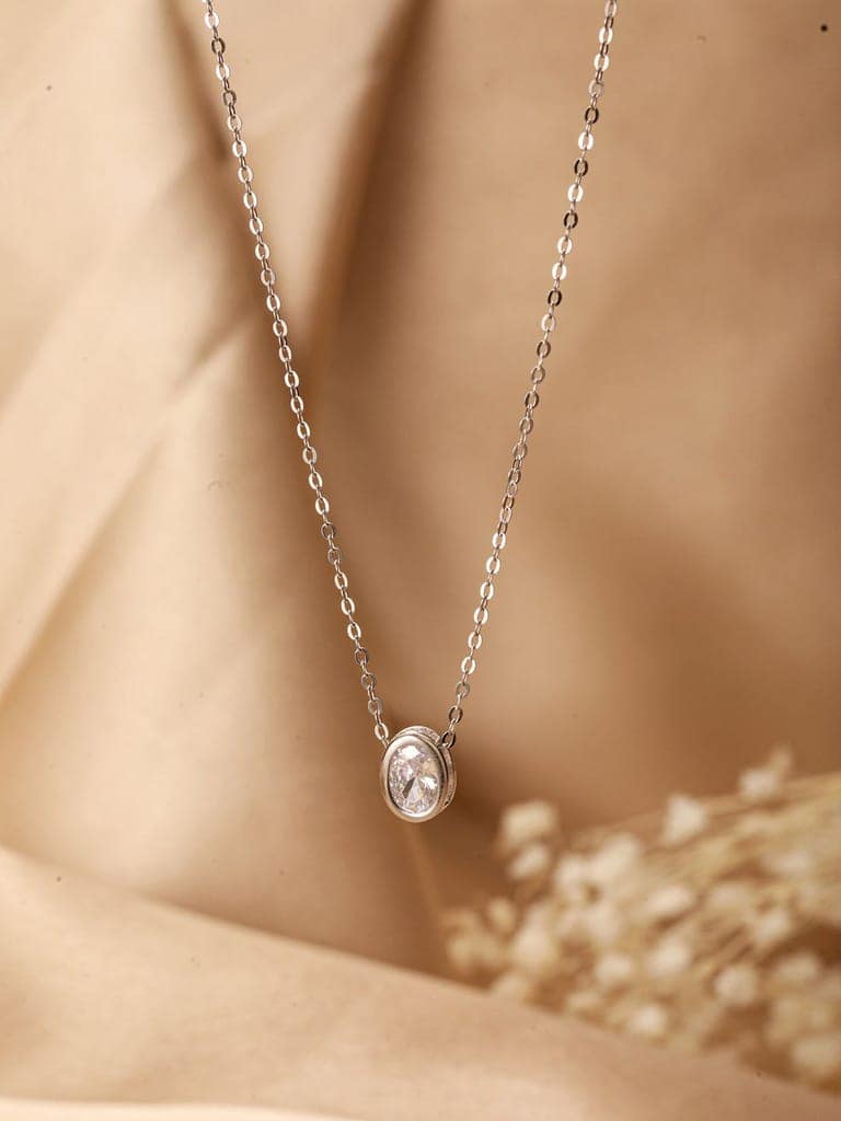 925 Sterlling Silver CZ Studded Oval AD Solitaire Pendant Necklace & Chain view 9