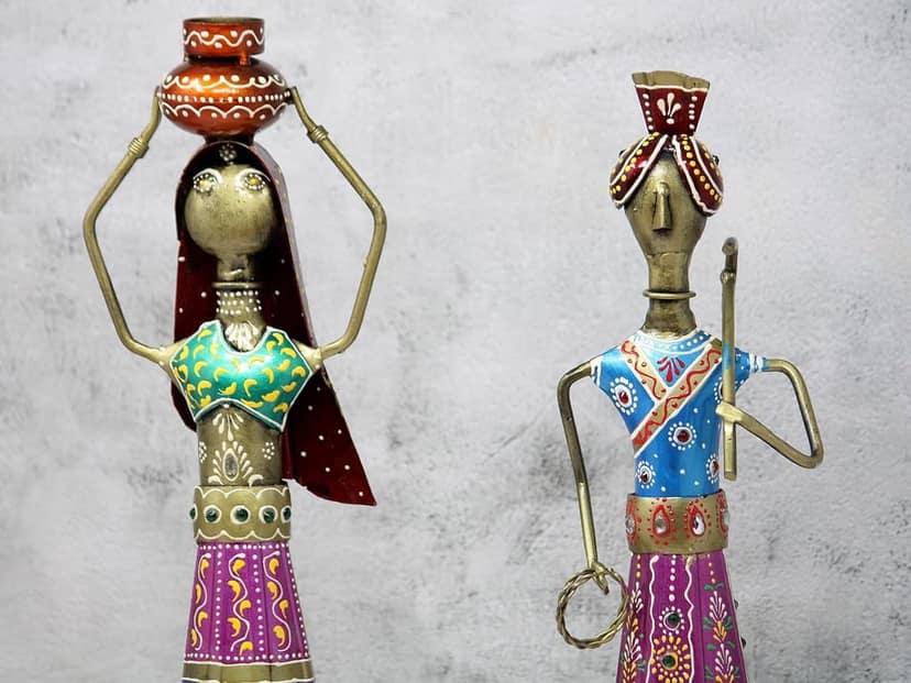 Jyoti handicraft Handpainted Tribal Rajasthani Kishan Couple Decorative Gift Item | Home Decor Showpiece | Multicolour | Length 4 inch x Height 15.5 inch | Set of 2 pcs | Unique Handicraft Accent view 2