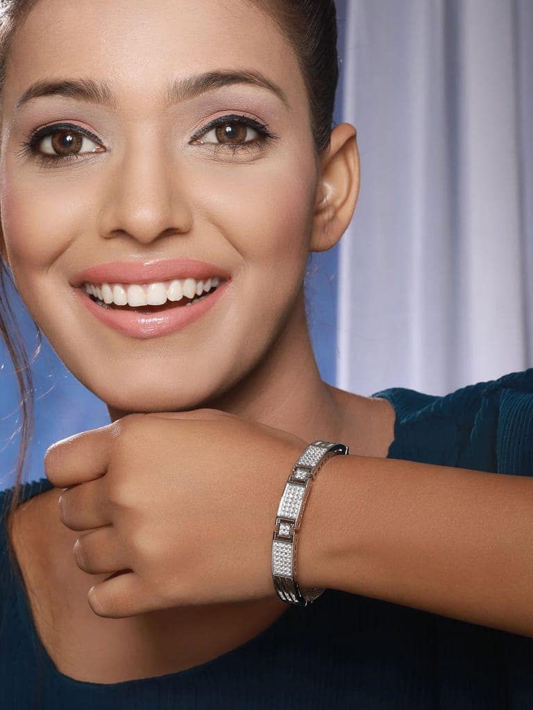 Silver Toned AD Studded Designer Sleek Kada Bracelet view 3