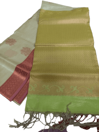 Cream and Mustard Yellow Pure Handloom Tussar Silk Saree With Blouse Piece and Running Blouse
