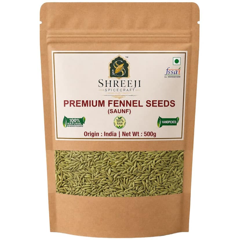 Shreeji Spicecraft Fennel Seeds Whole Saunf Pouch Natural Raw Handpicked Aromatic Spices for Cooking Mouth Freshener