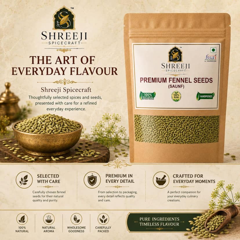 Shreeji Spicecraft Fennel Seeds Whole Saunf Pouch Natural Raw Handpicked Aromatic Spices for Cooking Mouth Freshener view 4