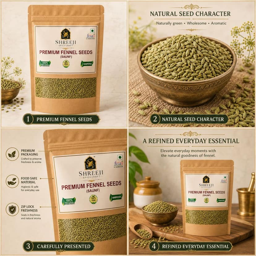 Shreeji Spicecraft Fennel Seeds Whole Saunf Pouch Natural Raw Handpicked Aromatic Spices for Cooking Mouth Freshener view 6