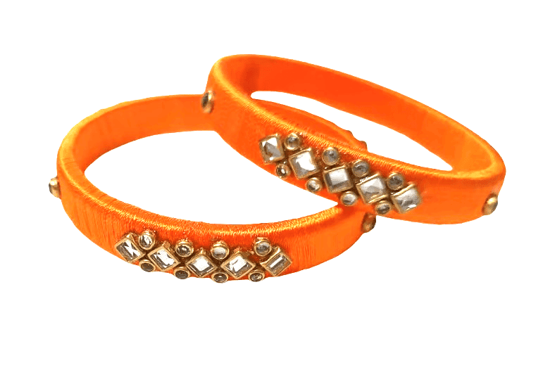 Vibrant Orange Silk Thread Bangles with Kundan Stone Work view 2