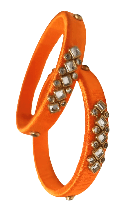 Vibrant Orange Silk Thread Bangles with Kundan Stone Work view 3