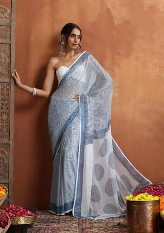HOC Crafts Hand Block Chiffon Printed Women's Saree - White