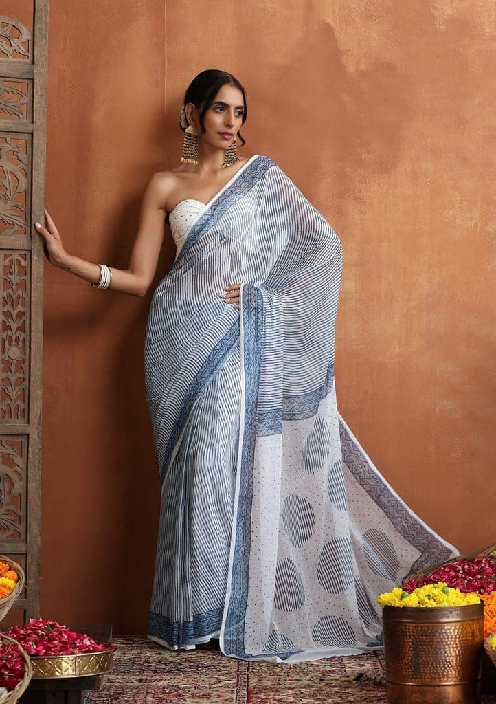HOC Crafts Hand Block Chiffon Printed Women's Saree - White