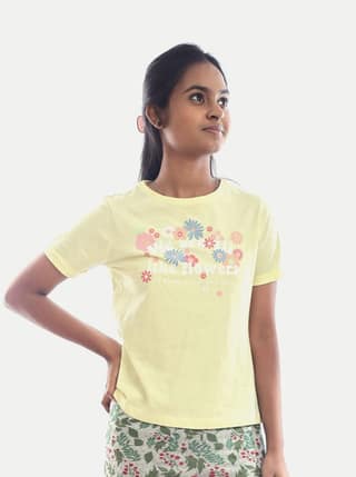 Teen Girls Yellow Printed Crew Neck T-shirt