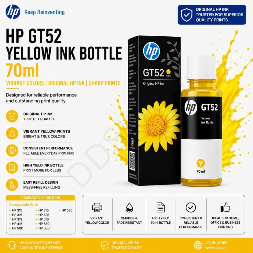 HP GT52 70 ml Yellow Original Ink Bottle (M0H56AA)